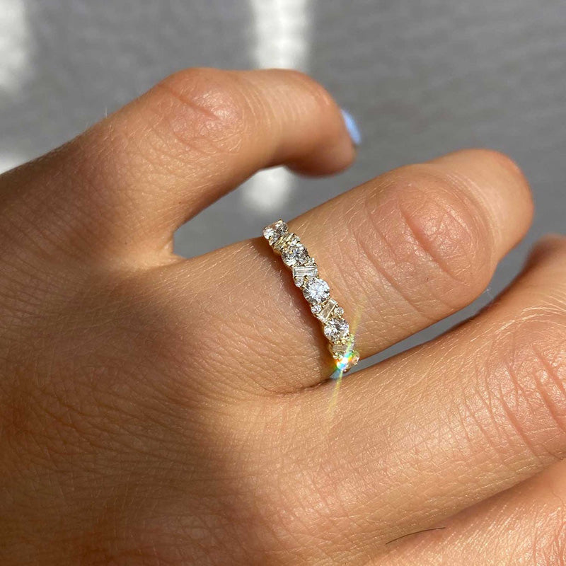 Yellow Gold Round Cut & Emerald Cut Wedding Band In Sterling Silver