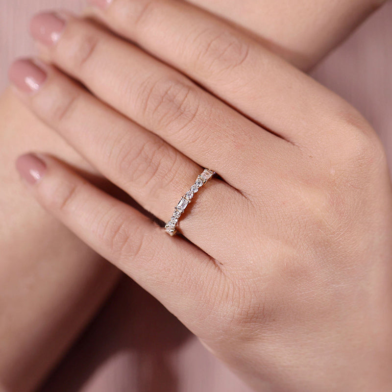 Unique Yellow Gold Emerald & Round Cut Diamond Wedding Band In Sterling Silver