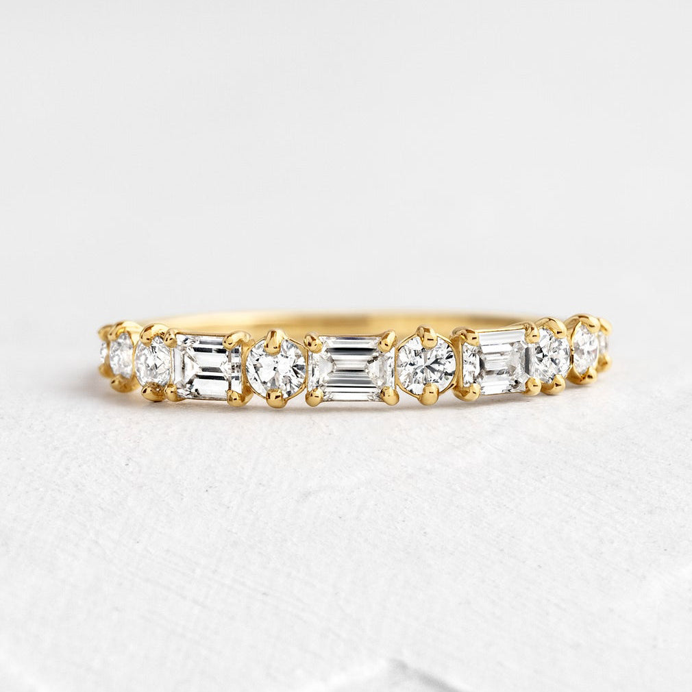 Fashion Yellow Gold Half Emerald & Round Cut Diamond Wedding Band In Sterling Silver