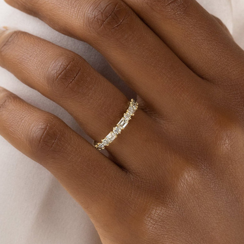 Fashion Yellow Gold Half Emerald & Round Cut Diamond Wedding Band In Sterling Silver