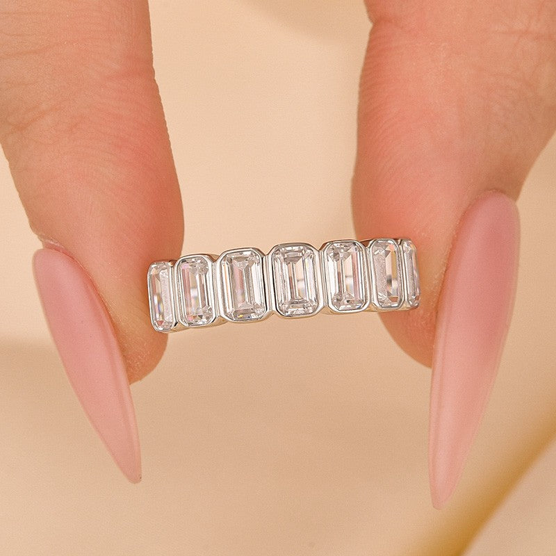 2.8Ct Emerald Cut Bezel Half Wedding Band Travel Ring In Sterling Silver
