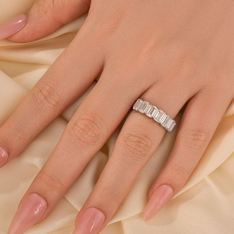 2.8Ct Emerald Cut Bezel Half Wedding Band Travel Ring In Sterling Silver