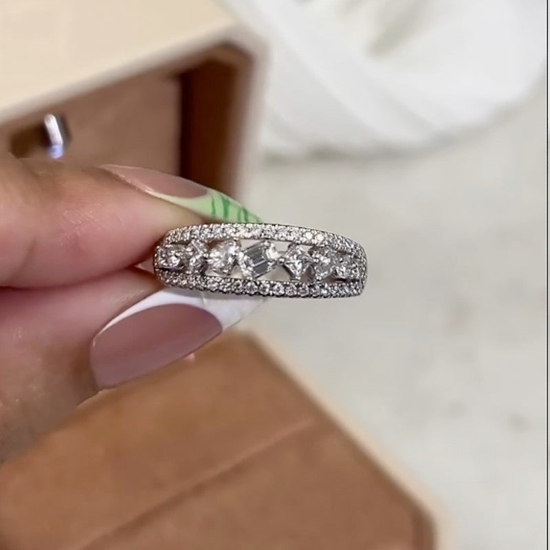 Luxurious 3-Row Half Wedding Band Travel Ring In Sterling Silver