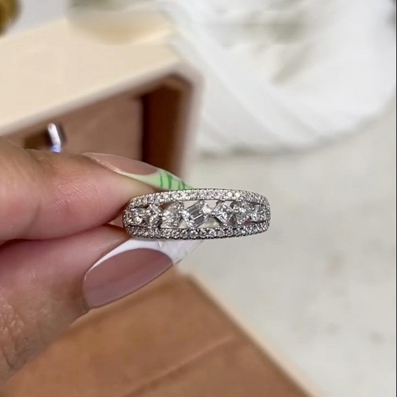 Luxurious 3-Row Half Wedding Band Travel Ring In Sterling Silver