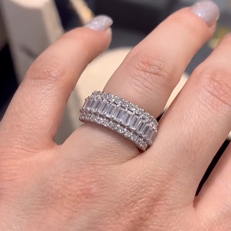 Luxurious Emerald Cut Wedding Band Travel Ring In Sterling Silver