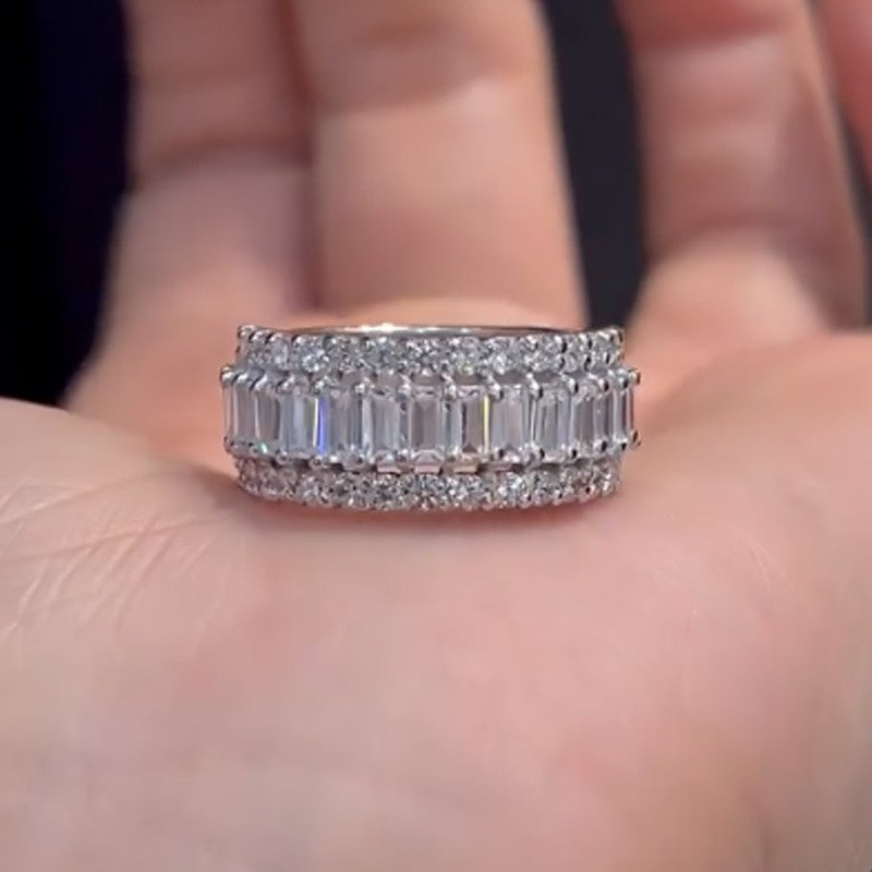 Luxurious Emerald Cut Wedding Band Travel Ring In Sterling Silver