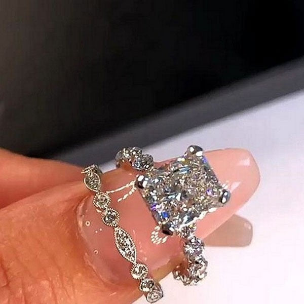 3.0 Carat Radiant Cut White Sapphire Wedding Ring Set For Her In Sterling Silver