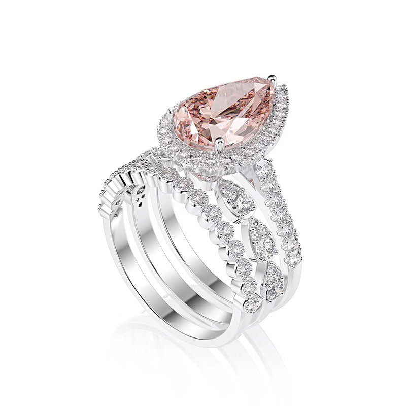 Halo Pear Cut 2.2 Carat Morganite Wedding Ring Set 3 PC In White Gold