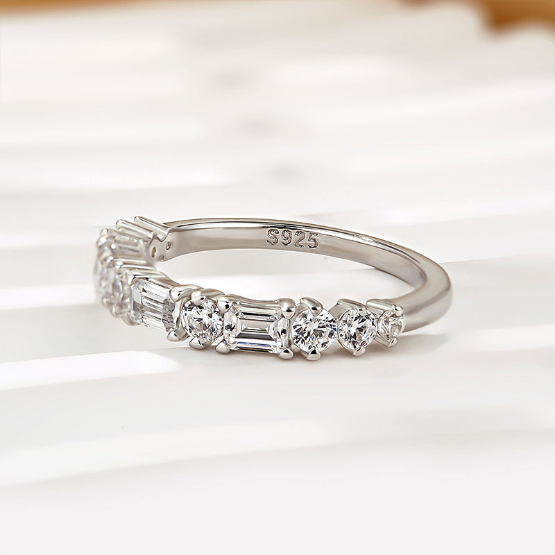 Fashion Yellow Gold Half Emerald & Round Cut Diamond Wedding Band In Sterling Silver