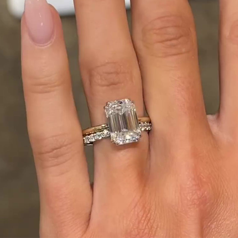 Ahabobo Timeless Emerald Cut Wedding Ring Set With Open Band In Sterling Silver