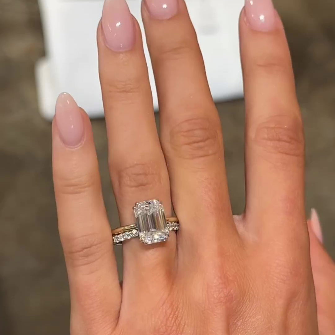 Ahabobo Timeless Emerald Cut Wedding Ring Set With Open Band In Sterling Silver