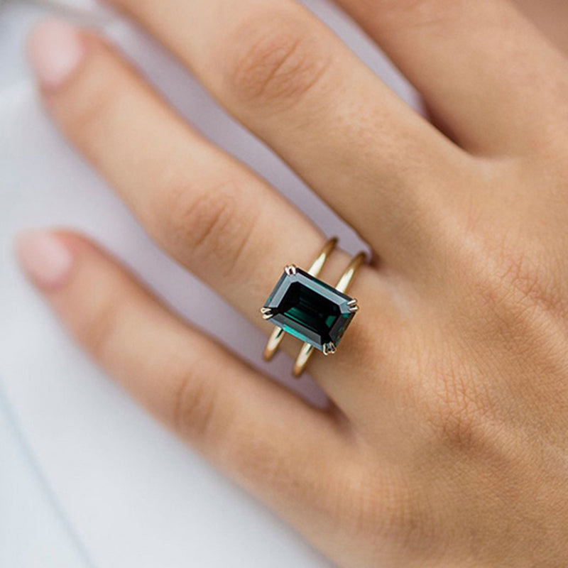 Unique Design Yellow Gold Emerald Cut Engagement Ring In Sterling Silver