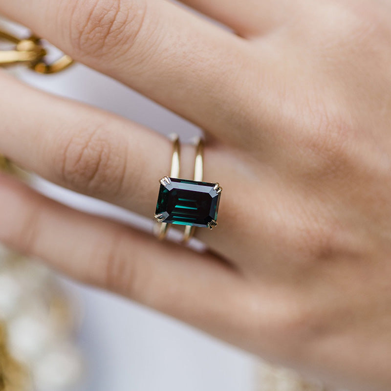 Unique Design Yellow Gold Emerald Cut Engagement Ring In Sterling Silver