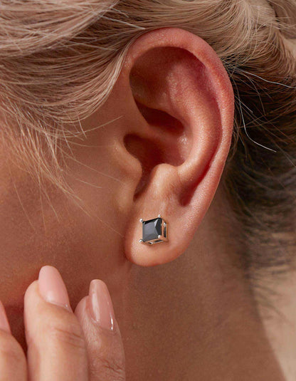 Ahabobo Stelring Silver Black Moissanite Princess Cut Stud Earrings