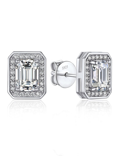 Ahabobo Emerald Cut Moissanite Halo Stud Earrings in S925 Silver
