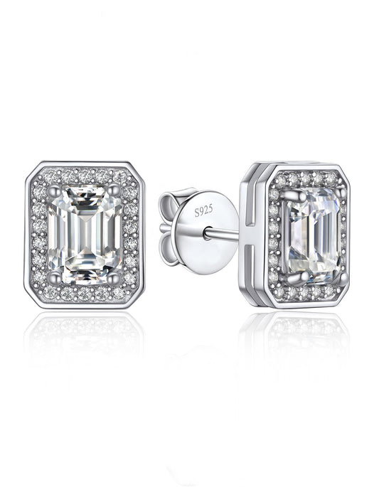 Ahabobo Emerald Cut Moissanite Halo Stud Earrings in S925 Silver