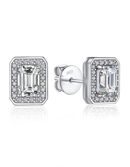 Ahabobo Emerald Cut Moissanite Halo Stud Earrings in S925 Silver