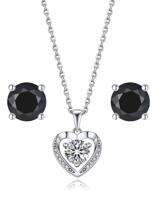 Ahabobo Heart Moissanite Necklace Black Stud Earrings Set