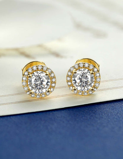 Ahabobo Gold Plated Halo Moissanite Stud Earrings for Women