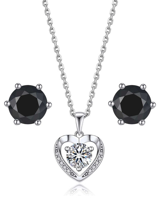 Ahabobo Moissanite Heart Necklace Black Moissanite Stud Earrings Set