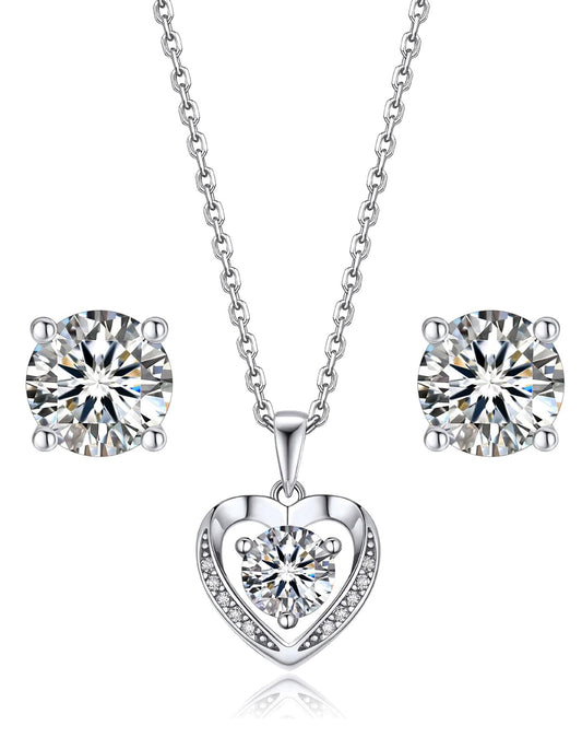 Ahabobo Moissanite Heart Necklace and Stud Earrings