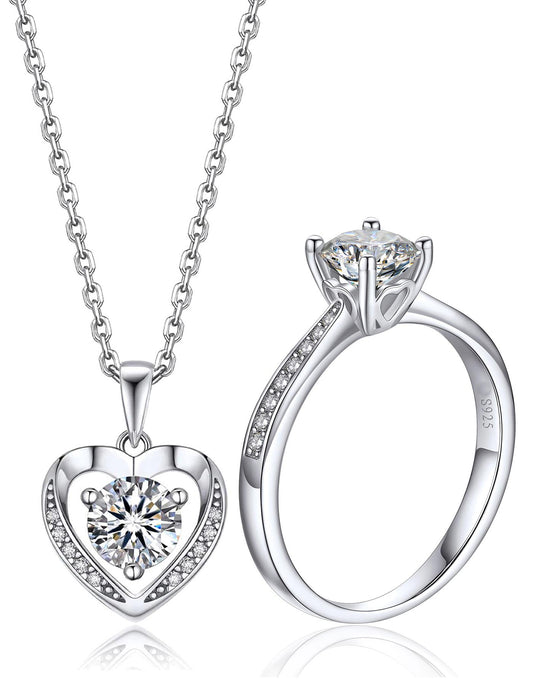 Ahabobo Moissanite Heart Necklace And Promise Ring Set