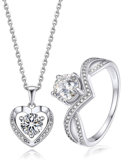 Ahabobo Moissanite Heart Necklace Engagement Ring Set for Women
