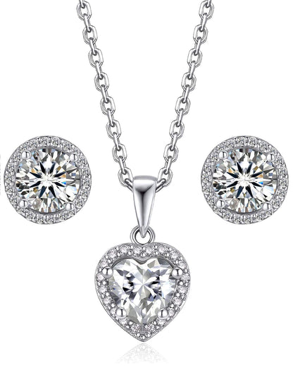 Ahabobo Moissanite Heart Pendant and Halo Stud Earrings Set