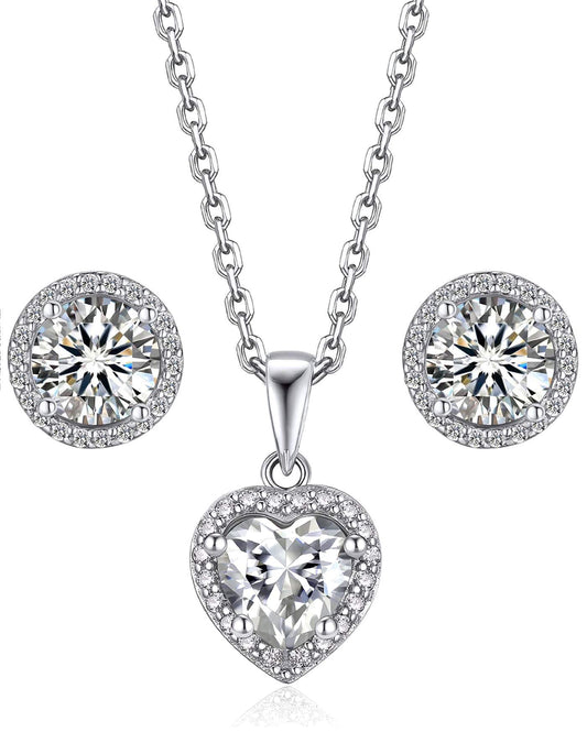 Ahabobo Moissanite Heart Pendant and Halo Stud Earrings Set