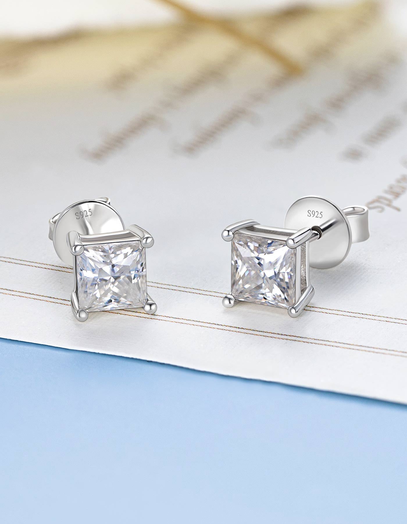 Ahabobo Stelring Silver Moissanite Princess Cut Stud Earrings