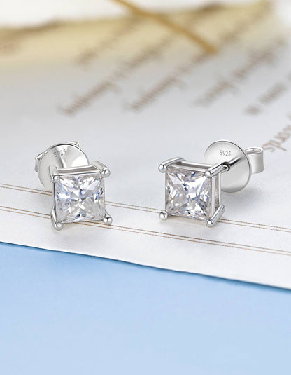 Ahabobo Stelring Silver Moissanite Princess Cut Stud Earrings