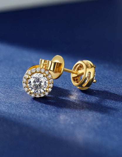 Ahabobo Gold Plated Halo Moissanite Stud Earrings for Women
