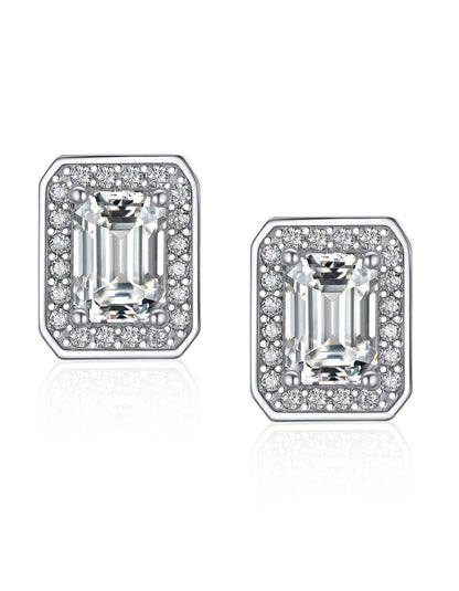 Ahabobo Emerald Cut Moissanite Halo Stud Earrings in S925 Silver