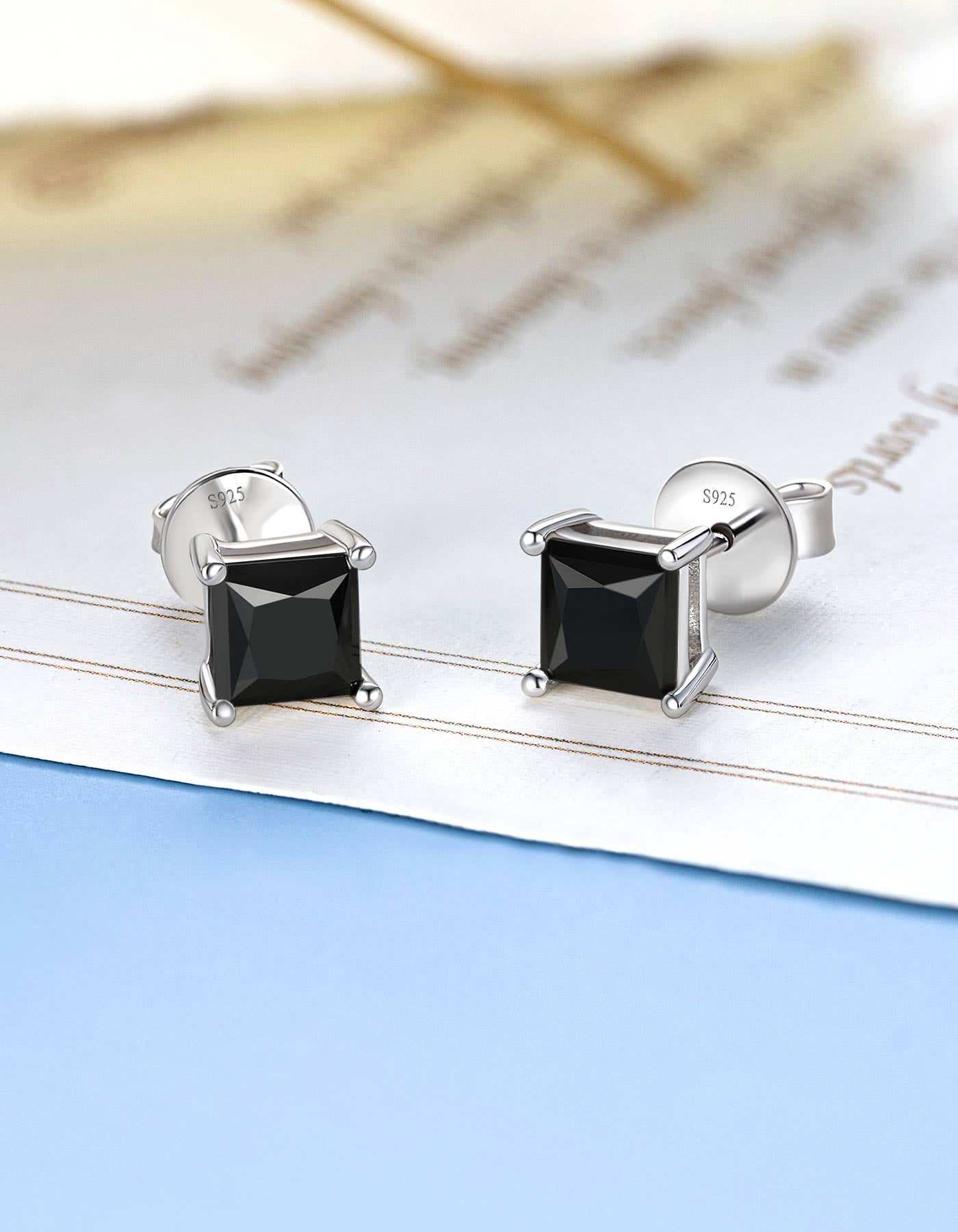 Ahabobo Stelring Silver Black Moissanite Princess Cut Stud Earrings
