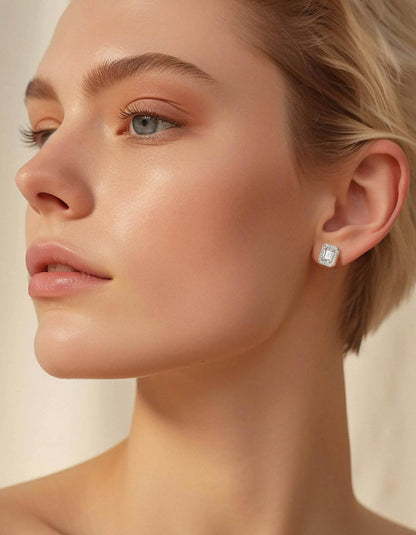 Ahabobo Emerald Cut Moissanite Halo Stud Earrings in S925 Silver